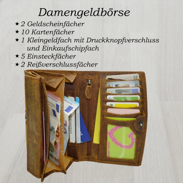 Wasserbüffel Wild Leder Vintage Hand Made Damen Portemonnaie mit RFID Schutz Hellbraun